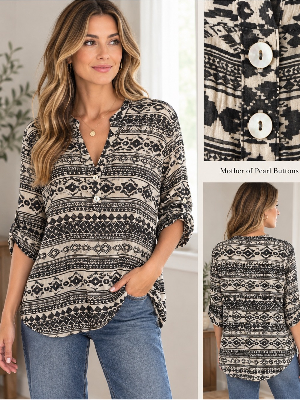 About A Girl Aztec Sheer Blouse flowy loose neutral boho 3/4 buttoned sleeve M